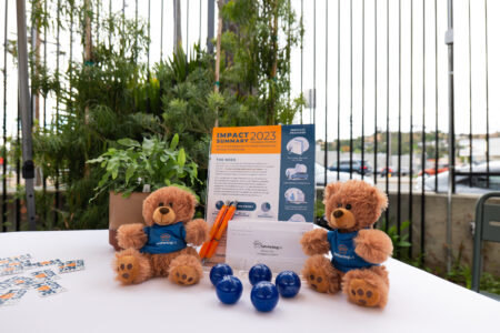 Two teddy bears, blue stress balls, orange pens, and informational pamphlets are arranged on a white table outdoors with plants and a parking lot in the background.