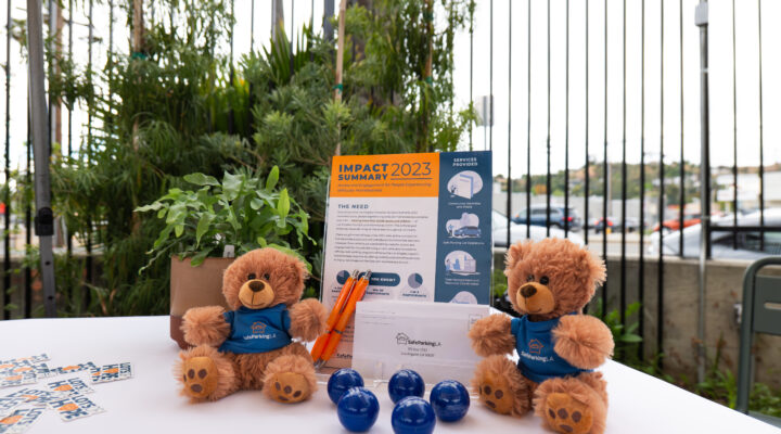 Two teddy bears, blue stress balls, orange pens, and informational pamphlets are arranged on a white table outdoors with plants and a parking lot in the background.
