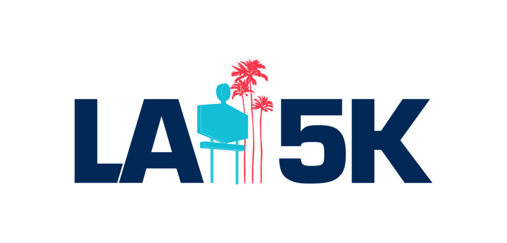 Logo for LA 5K featuring bold blue letters, a turquoise and pink billboard, and pink palm trees in the background.